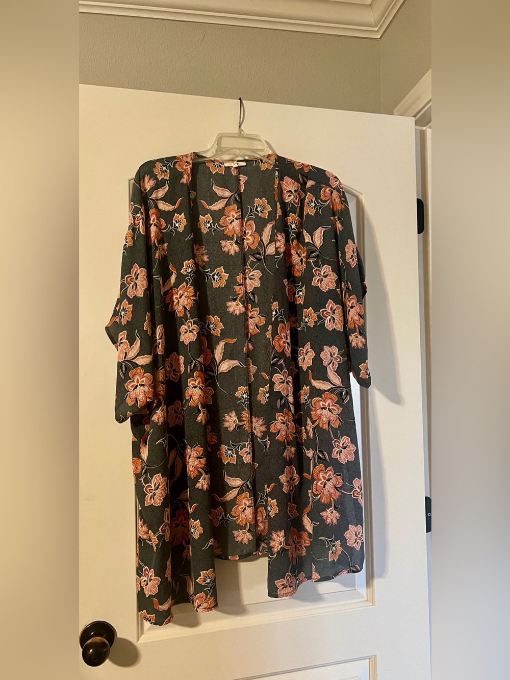 Floral Open-Front Kimono Jacket in Gray/Blue and Peach floral.